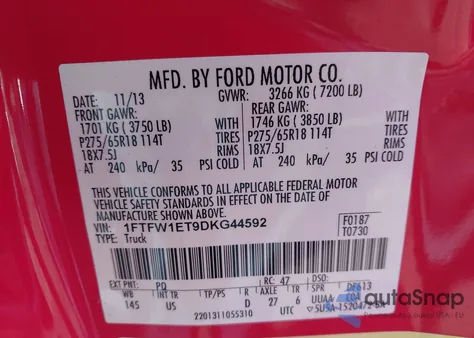 2013 Ford F150 Supercrew z USA, uszkodzony, nr VIN 1FTFW1ET9DKG44592